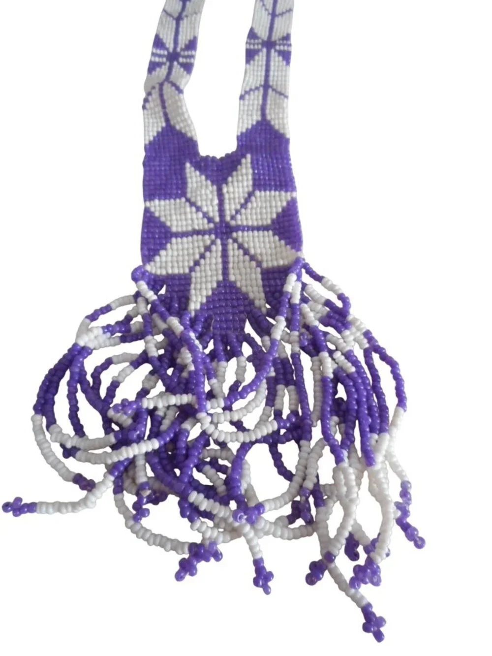 Vintage Handmade Native American Necklace Seed Bead 19" Purple white tassels - Picture 4 of 5